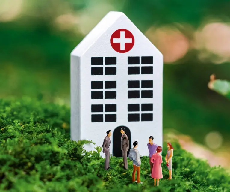 Einige Menschenfiguren stehen auf einer Moos-Landschaft vor einem symbolischen Krankenhaus-Holzstein.