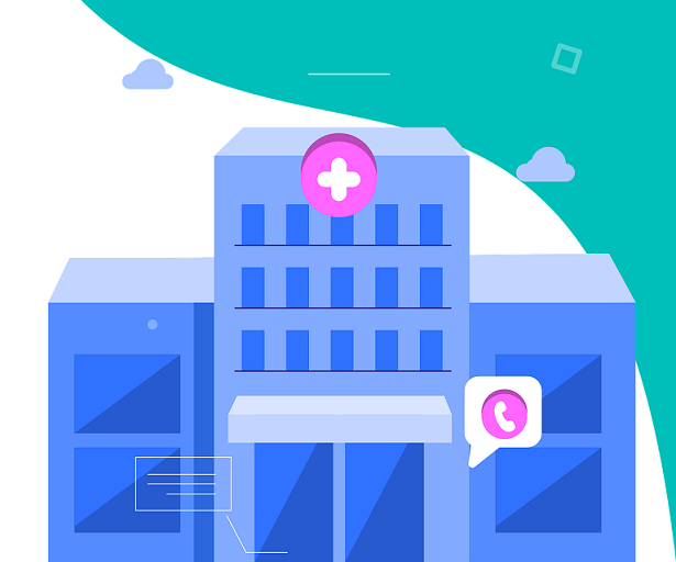 Blaues, grafisches Krankenhaus vor türkis-weißem Hintergrund.